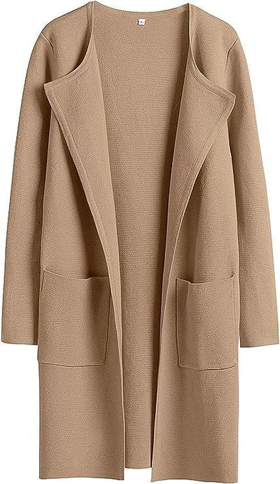 Women's Woolen Coat With Pockets Autumn And Winter Temperament Slim Fit Mid Length Jacket Comfortable Casual Lapel Coat - Khaki - Women's Coats & Jackets - Carvan Mart