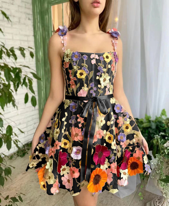 Floral Summer Dresses For Women Embroidery Dress Sweet A-line Suspender Dress - Black Flower - Dresses - Carvan Mart