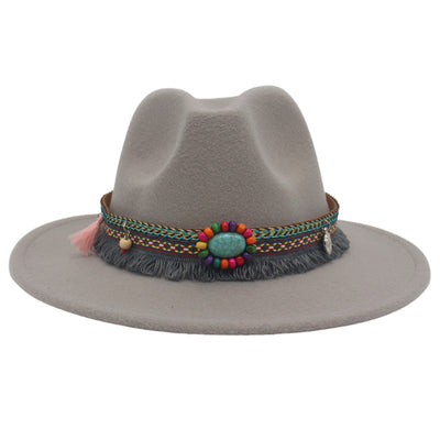 Ethnic Style Western Cowboy Hat Gem Accessories Tibetan Top Hat - Light Gray - Men's Hats & Caps - Carvan Mart