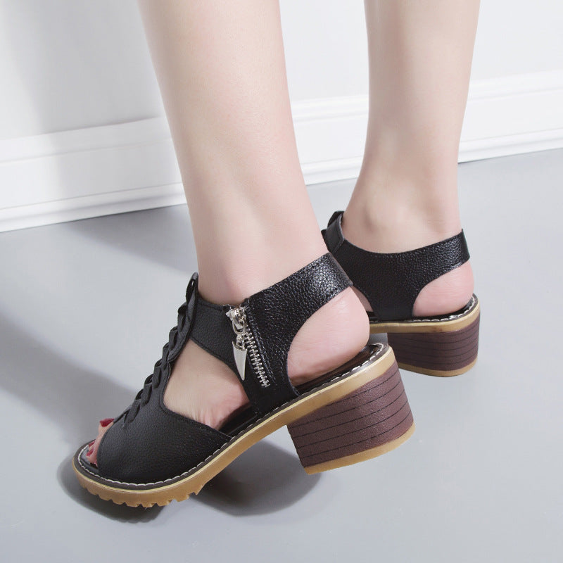 New Chunky Heel Round Toe Hollow-out Side Zipper Sandals Women's Large Size Casual Roman Sandals Women - Carvan Mart Ltd
