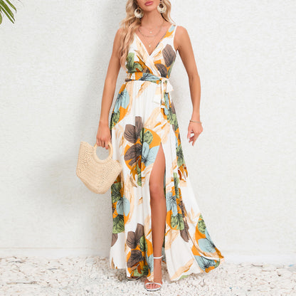 Women's V-neck Floral Print Long Dress Summer Waist Tie Slit Design Sleeveless Dress