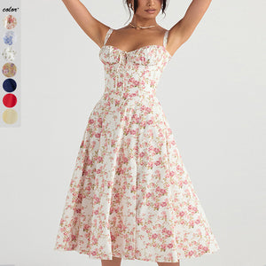 Women's Floral Milkmaid Midi Dress With Straps - Carvan Mart
