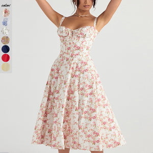 Women's Floral Milkmaid Midi Dress With Straps - - Summer Dresses - Carvan Mart