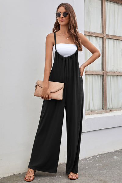 Strap High Waist Casual Wide Leg Jumpsuit - Black - Jumpsuits & Rompers - Carvan Mart