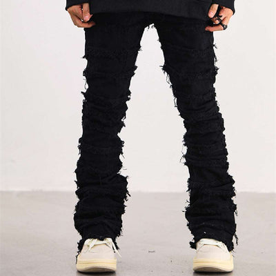 American Raw Edge High Street Jeans - Erosive Destruction Denim Pants - Black - Men's Pants - Carvan Mart