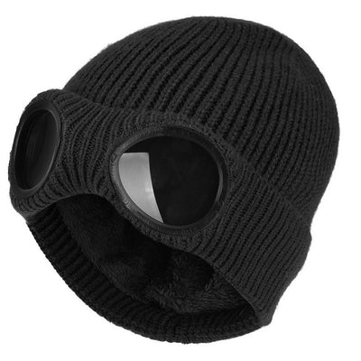 Warm Knitted Woolen Hats With Windproof Glasses For Men And Women Ear Protection Cap - Black One Size - Women Gloves & Mittens - Carvan Mart