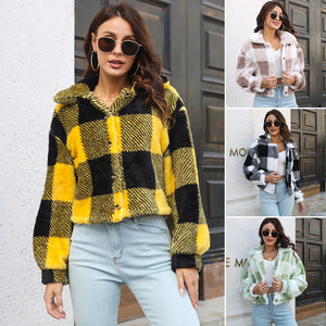 Plaid Double Sided Velvet Jacket Women Lantern Sleeve Loose Short Coat Autumn And Winter Plush Clothing - Carvan Mart