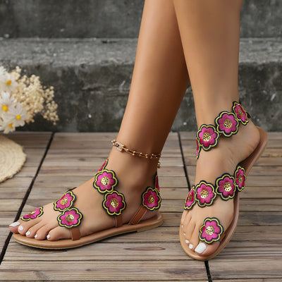 Ethnic Flower Flat Sandals Summer Vacation Casual Clip Toe Beach Shoes For Women - Carvan Mart