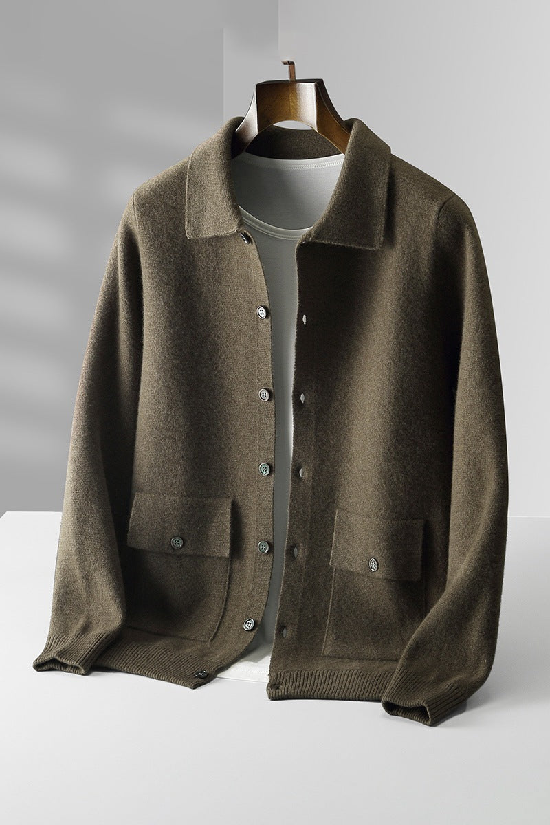 Men's Polo Collar Solid Color Wool Cardigan Autumn Winter Retro Pocket Thick Coat - Carvan Mart