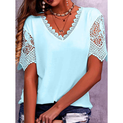 Lace Tops Women Summer Loose V Neck Short Sleeve Casual Shirts - Light blue - Blouses & Shirts - Carvan Mart