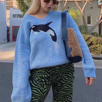 Women's Dolphin Printing Long Sleeve Loose Sweater - Carvan Mart