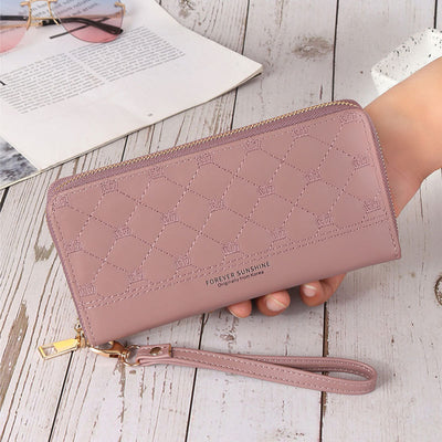 Long Crown Embroidery Thread Single Zip Clutch Wallet Women - Carvan Mart