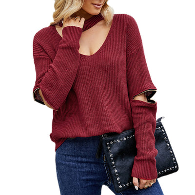 Sleeve Zipper Solid Color And V-neck Halter Sweater For Women - Carvan Mart