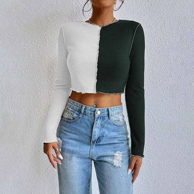 Casual Women's Blouses Color Contrast Patchwork Stitching Exposed Short Waffle Long Sleeve Shirt - - Winter Tops - Carvan Mart