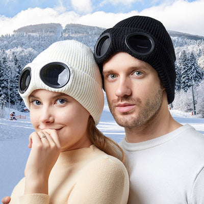 Warm Knitted Woolen Hats With Windproof Glasses For Men And Women Ear Protection Cap - Carvan Mart