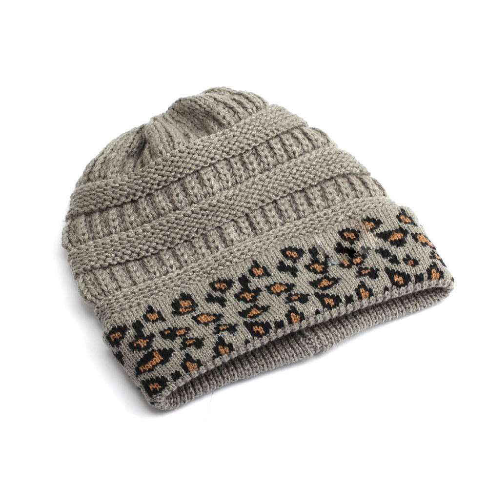 Beanie Women's Warm Leopard Print Knitted Hat - Grey One Size - Women's Hats & Caps - Carvan Mart