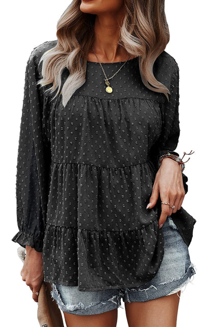 Loose Chiffon Shirt Round Neck Ruffle Women's Top - Black - Blouses & Shirts - Carvan Mart