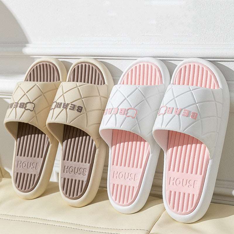 Bear House Shoes Anti-slip Striped Lozenge Texture Slippers For Women - - Women's Slippers - Carvan Mart