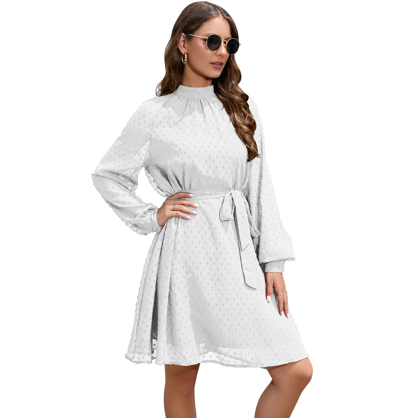 Dress Guest Wedding Long Sleeve Elegant Chiffon Polka Dot Mid-length Dress With Belt - White - Wedding Dresses - Carvan Mart