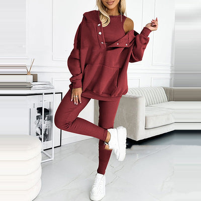 Women's Three Piece Suit Sports Loose Hooded Sweatshirt Vest And Slim Trousers - Wine Red - Active Attire - Carvan Mart