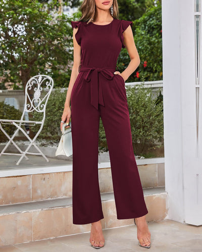 Jumpsuit Women's Ruffled Wide Leg Strap Jumpsuit - Wine Red - Jumpsuits & Rompers - Carvan Mart