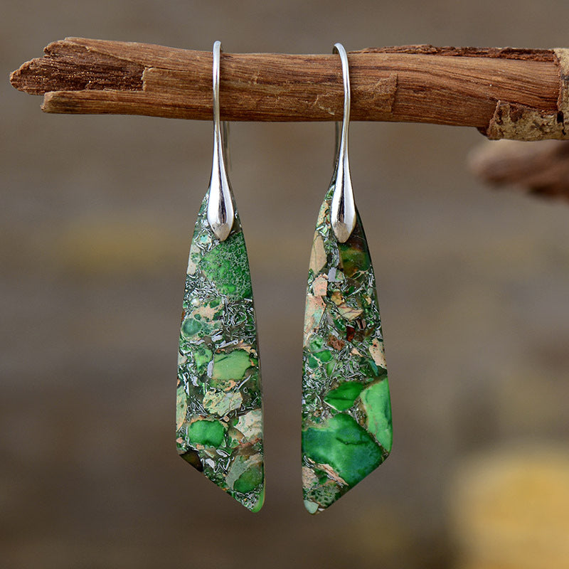 Bohemian Emperor Stone Geometric Pendant Earrings - Green Silver - Earrings - Carvan Mart