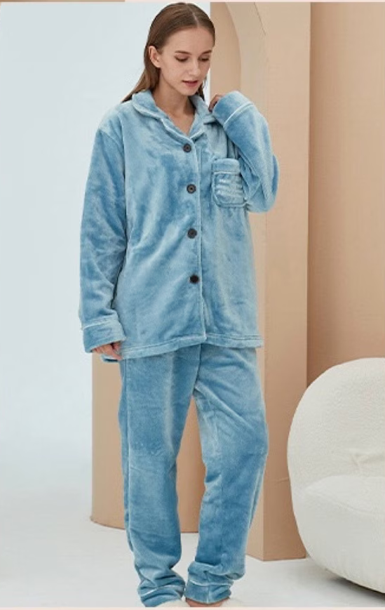 Lovers Fashion Pajamas Couple Set Coral Fleece Thickened Loungewear Suit - Haze Blue - Suits & Sets - Carvan Mart