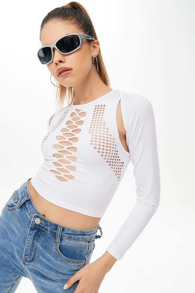 The New Cubs Round Neck Hollow Cross -body Solid Color Off -the -shoulder Long -sleeved Street Tide Bottoming Shirt - - Blouses & Shirts - Carvan Mart