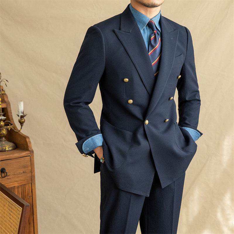 Breathable Seersucker Half-lined Non-iron Double-breasted Jacket - Carvan Mart