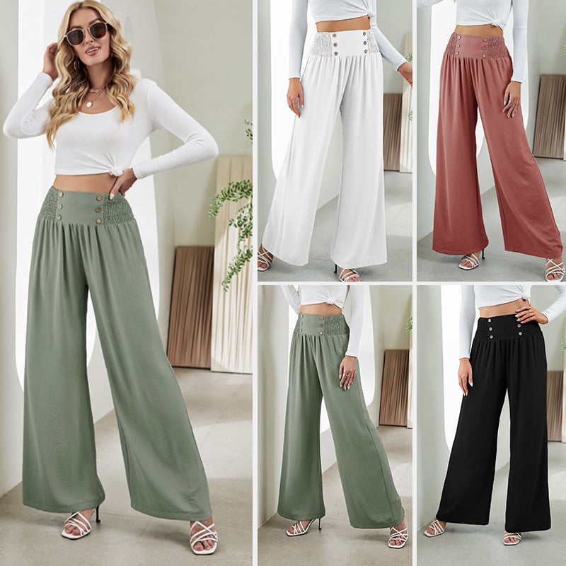 Chic Wide-Leg Pants for Women - High Waist Button Detail - Carvan Mart