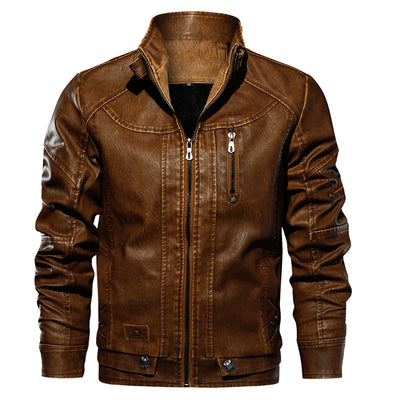 Men PU Leather Jacket Thick Motorcycle Leather Jacket Fashion Vintage Fit Coat - Brown - Leather & Suede - Carvan Mart