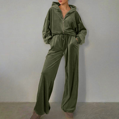 Golden Velvet Hooded Sweater Suit Set - Green - Suits & Sets - Carvan Mart