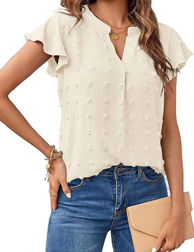 Women Summer V Neck Ruffle Short Sleeve Blouse Dot Flowy Shirt Top - Apricot - Blouses & Shirts - Carvan Mart