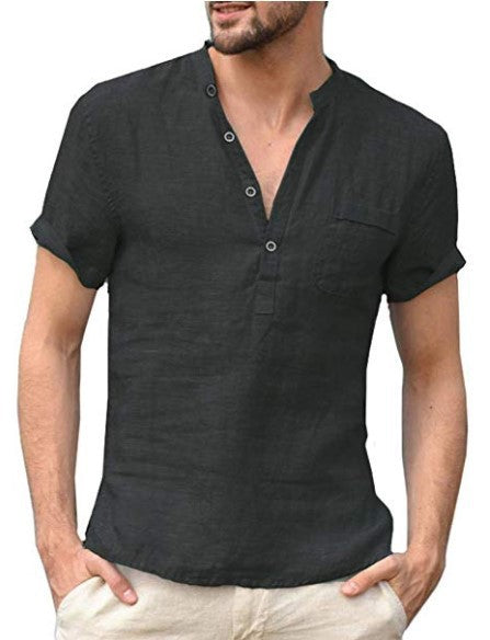 Casual Linen Solid Color Shirt Button V Neck Beach Shirt Men Summer Tops - Carvan Mart