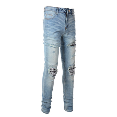 Cashew Flower Printed Patch Slim Fitting Light Colored Jeans For Men - Carvan Mart