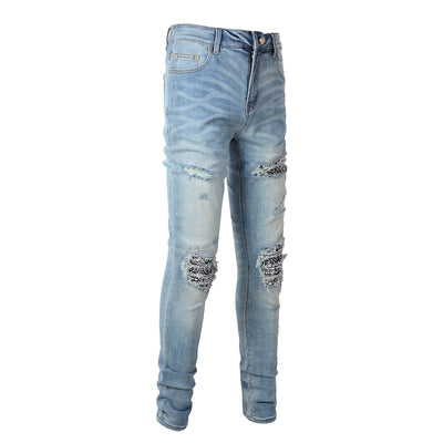 Cashew Flower Printed Patch Slim Fitting Light Colored Jeans For Men - - Men's Jeans - Carvan Mart