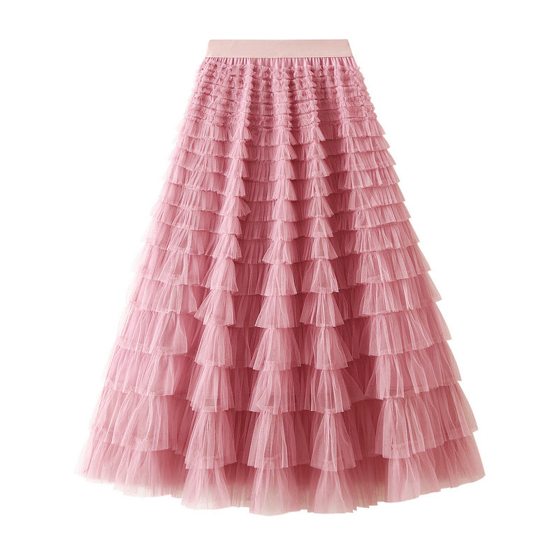 Women's Cupcake Skirt A-Line Mesh Ruffle Skirt Temperament Sweet Long Skirt - Carvan Mart