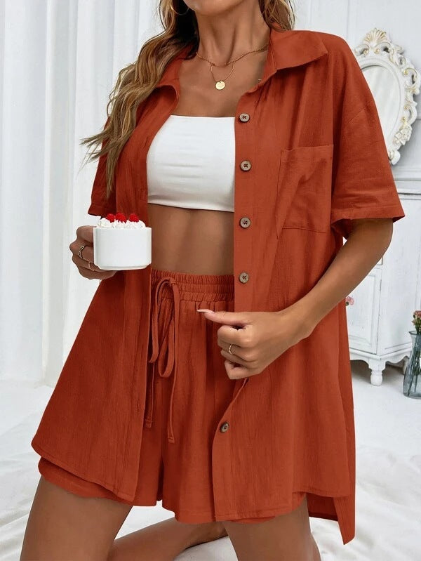 Solid Simple Two-piece Set, Elegant Short Sleeve Button Up Shirt & Drawstring Shorts Outfits, Women's Clothing - Carvan Mart