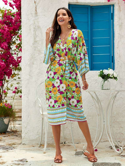 Bohemian Beach Dress Cover Up For Beach Floral Print Kimono Women Dress - Carvan Mart