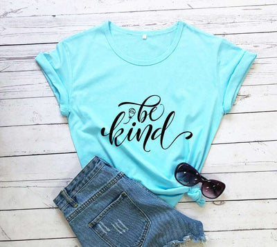 Be Kind Rose Style Short Sleeve European And American Street Leisure T-shirt - Sky Blue Black - Winter Tops - Carvan Mart