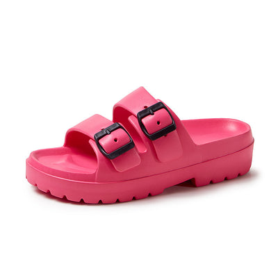 Double Buckle Slippers Summer Platform Non-slip Slipper For Women - Rose Red - Women's Slippers - Carvan Mart