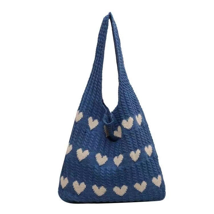 Valentine Tote Bag Large Capacity Knitted Woven Shoulder Bag - Love Blue - Gift - Carvan Mart