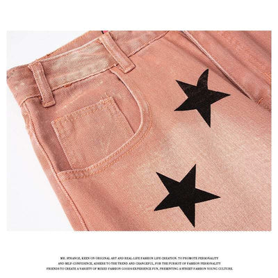 American Style Retro Street XINGX Printed Jeans Straight Casual Distressed Long Pants - Carvan Mart