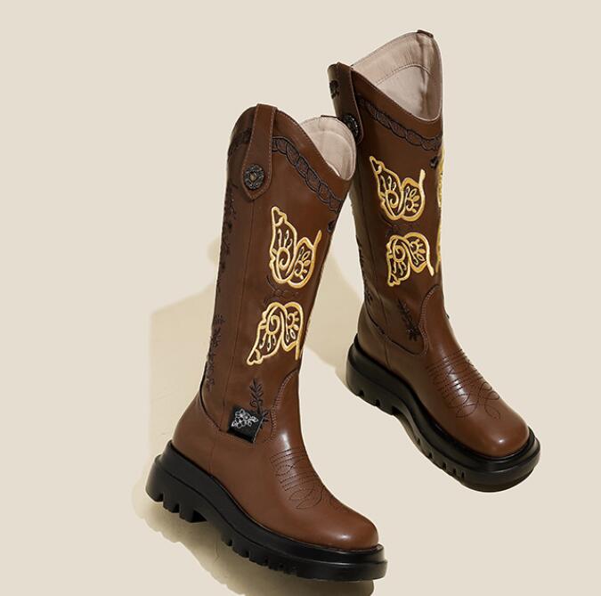 Women's Butterfly Embroidery Cowboy Boot - Dark Brown Leather Lining - Women's Shoes - Carvan Mart