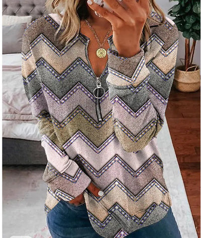 Striped Printed Shirt Long-sleeve Zipper Women's Top - Carvan Mart