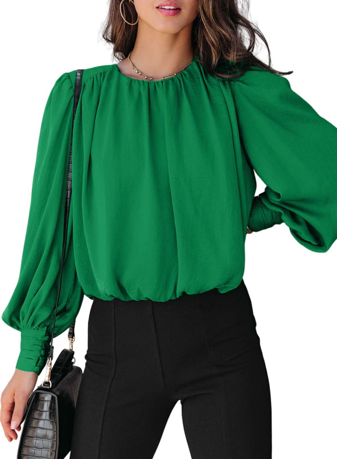 Women's Blouse Solid Color Round Neck Long Sleeve - Green - Blouses & Shirts - Carvan Mart