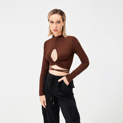 Long Sleeve Tie Cutout Sexy T-Shirt Women's Top - Carvan Mart