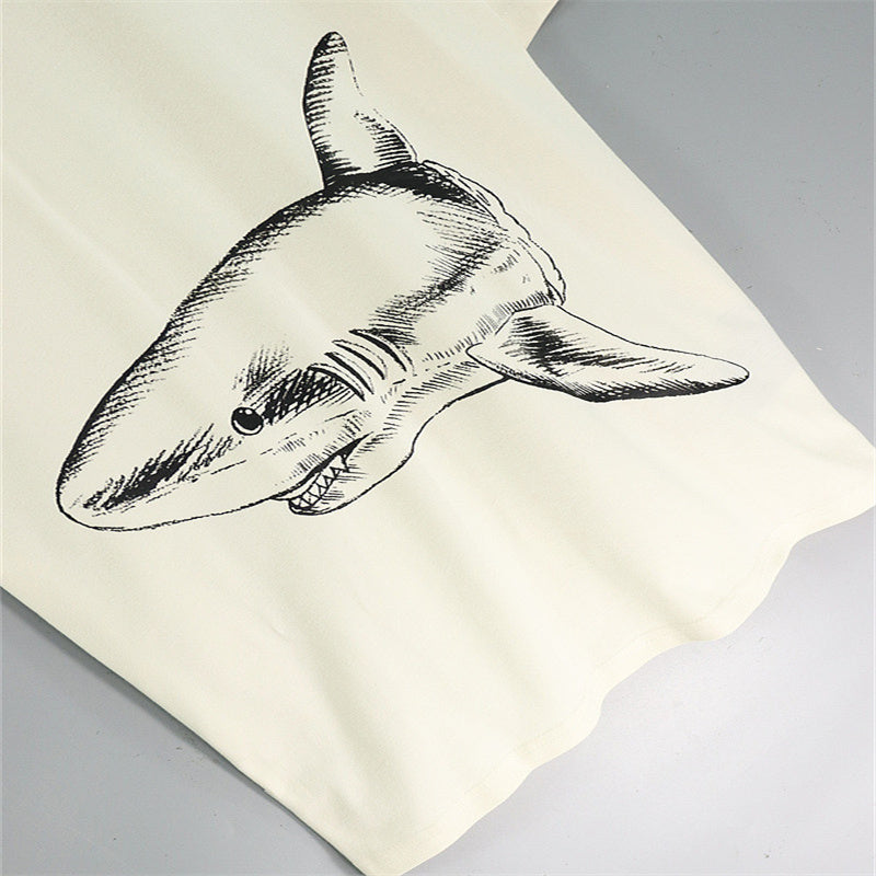 Shark Print Short Sleeve Trendy Men New Cotton T-shirt Cut Two Shark Loose T-shirt - Carvan Mart