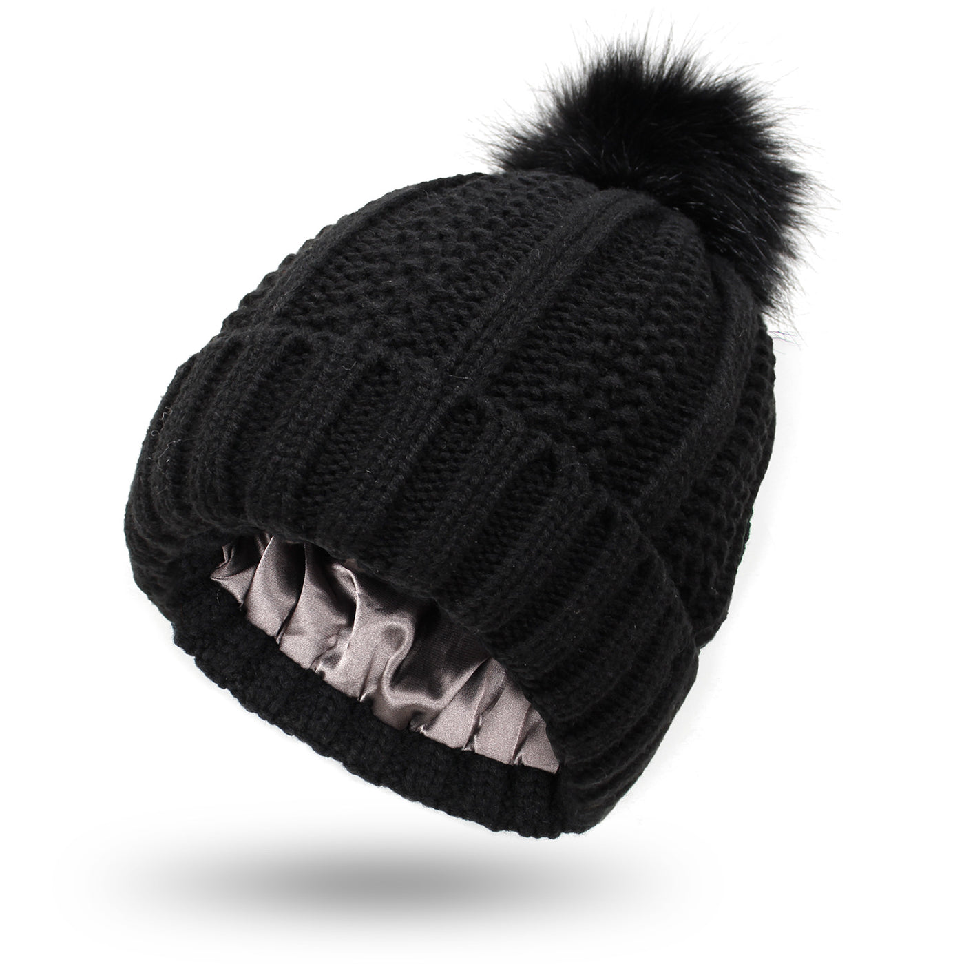 Fashion Stretchy Satin Lined Skull Knit Hats Beanie Hat For Women Faux Fur Pom Pom Hat Winter Keep Warming Beanie Hat - Carvan Mart