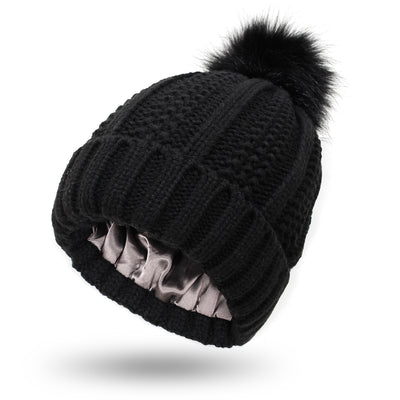 Fashion Stretchy Satin Lined Skull Knit Hats Beanie Hat For Women Faux Fur Pom Pom Hat Winter Keep Warming Beanie Hat - Black One size - Women's Hats & Caps - Carvan Mart